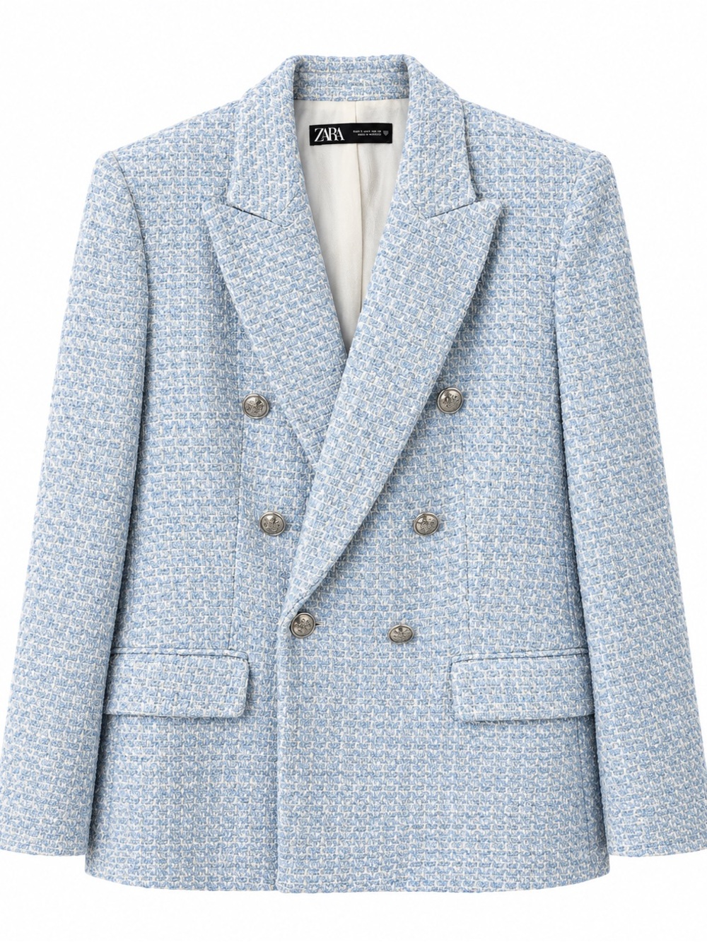 ZARA Powder Blue Double-Breasted Tweed Blazer